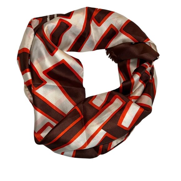 Fall brown Orange vintage 100% SILK fringe trim 60s mod print scarf ASNEW - Picture 4 of 5